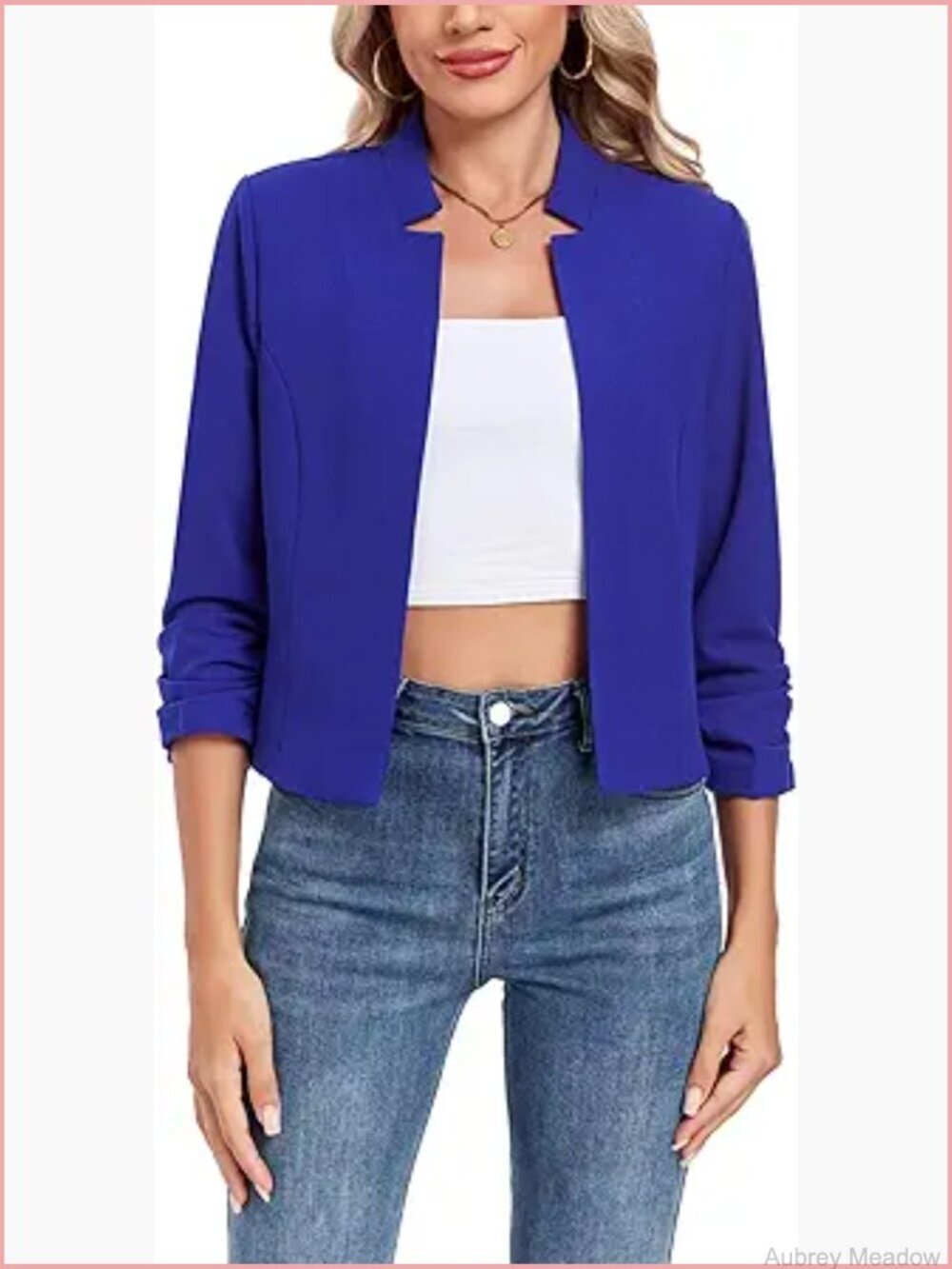 Cropped Blazer 3/4 Ruched Sleeve Notched Collar Open Front Cardigan Business